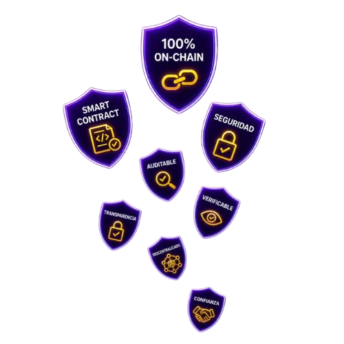 Escudos DashRun: 100% On-Chain, Smart Contract, Seguridad, Auditable, Verificable, Transparencia, Descentralizado, Confianza